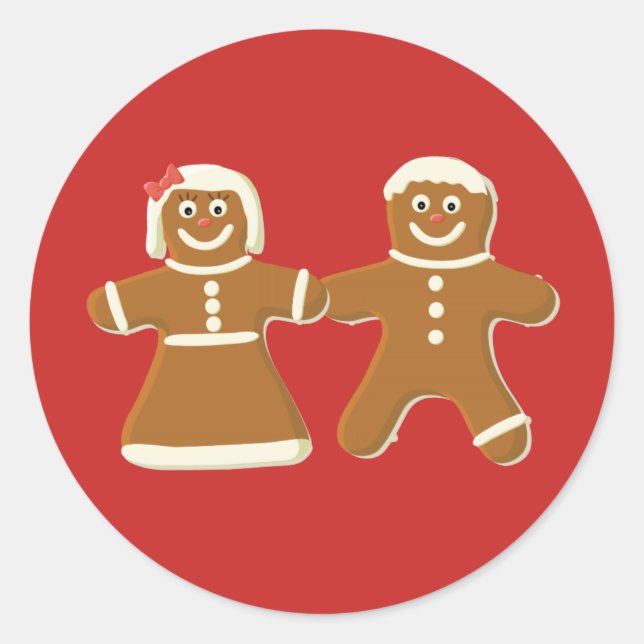 Gingerbread Man and Woman on Red Classic Round Sticker (Front)