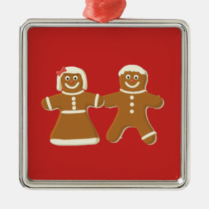 Gingerbread Man and Woman on Red Metal Tree Decoration