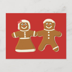 Gingerbread Man and Woman on Red Postcard