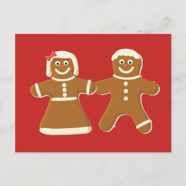 Gingerbread Man and Woman on Red Postcard (Front)