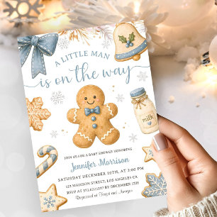 Gingerbread Man Blue Christmas Boy Baby Shower Invitation