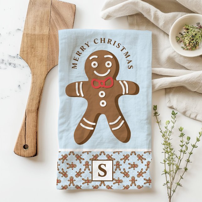 Gingerbread Man Blue Monogram Merry Christmas Tea Towel (Creator Uploaded)