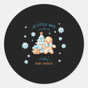 Gingerbread Man Boy Blue Christmas Baby Shower  Classic Round Sticker