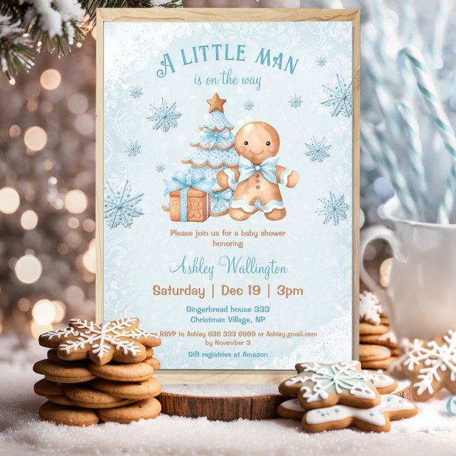 Gingerbread Man Boy Blue Christmas Baby Shower Invitation (Gingerbread Man Boy Blue Christmas Baby Shower Invitation)