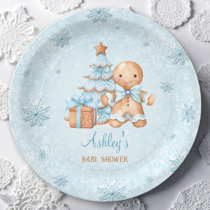 Gingerbread Man Boy Blue Christmas Baby Shower Paper Plate