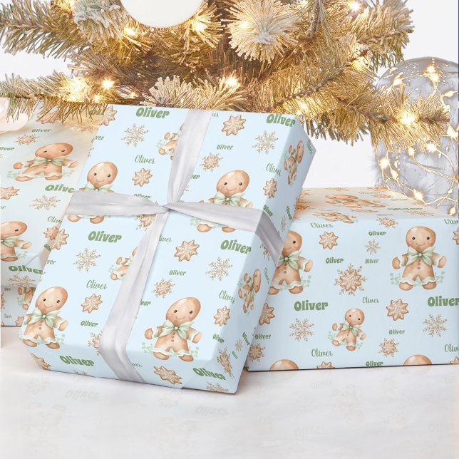 Gingerbread Man Boy Name Blue Green Christmas Wrapping Paper (Gingerbread Man Boy Name Blue Green Christmas Wrapping Paper)