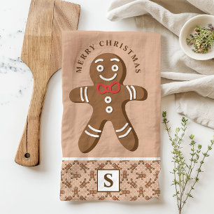 Gingerbread Man Brown Monogram Merry Christmas Tea Towel