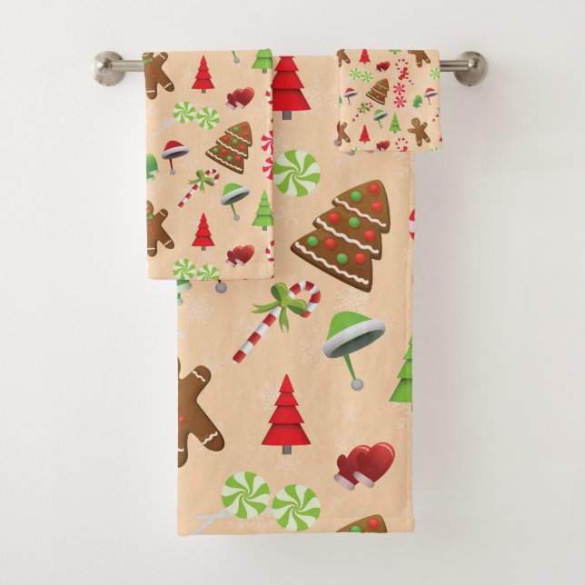 Gingerbread Man,Candy and santa hat Bath Towel Set (Insitu)