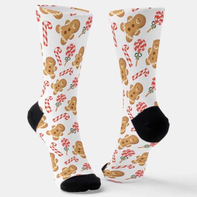 Gingerbread Man Candy Cane Christmas Pattern Socks (Angled)