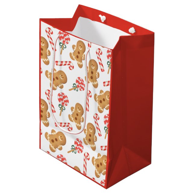 Gingerbread Man Candy Cane Lollipop Medium Gift Bag (Front Angled)