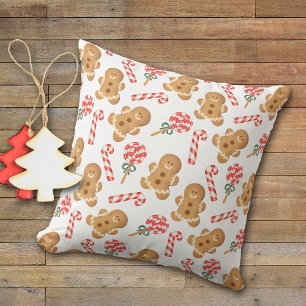Gingerbread Man Candy Cane Lollipop Pattern Cushion
