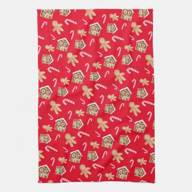Gingerbread man candycane holiday sweets red tea towel (Vertical)