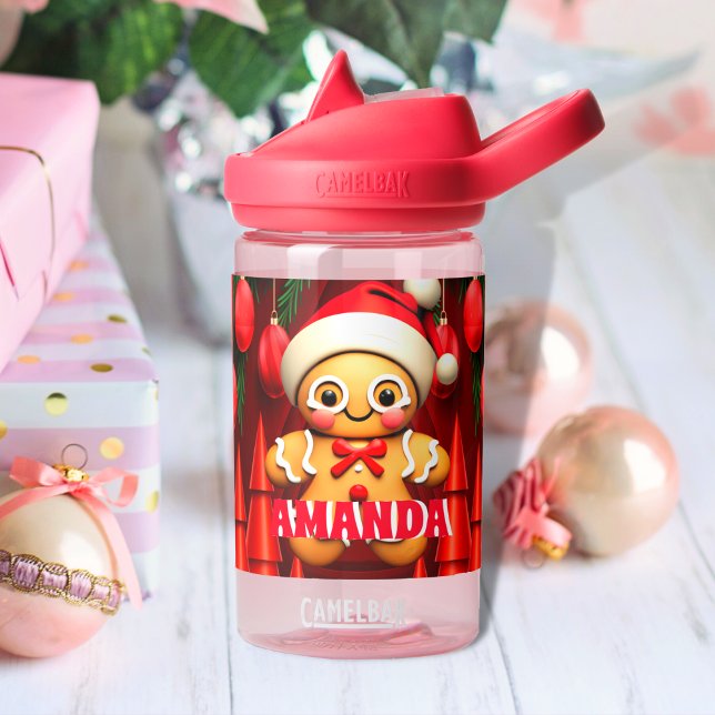 Gingerbread Man Christmas Personalised Kids Name Water Bottle (Creator Uploaded)
