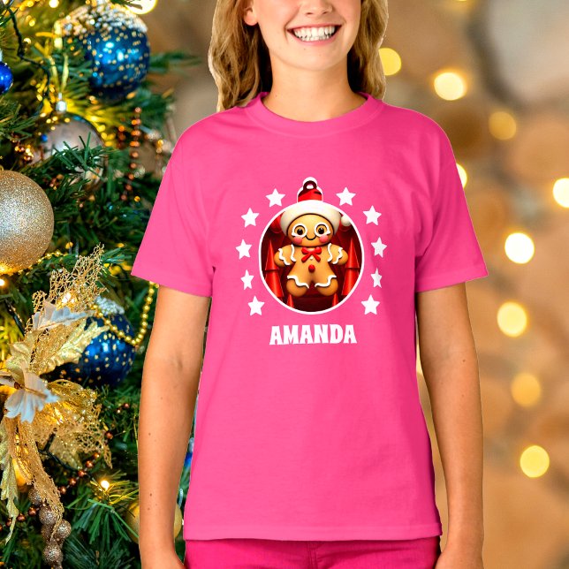 Gingerbread Man Christmas Personalised Kids Pink T-Shirt (Creator Uploaded)