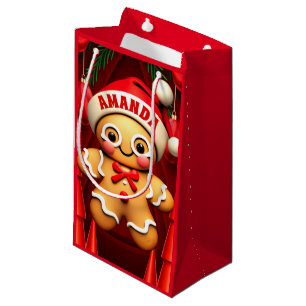 Gingerbread Man Christmas Personalised Kids Red Small Gift Bag