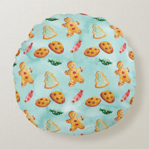Gingerbread Man Christmas Tree Pattern Round Cushion