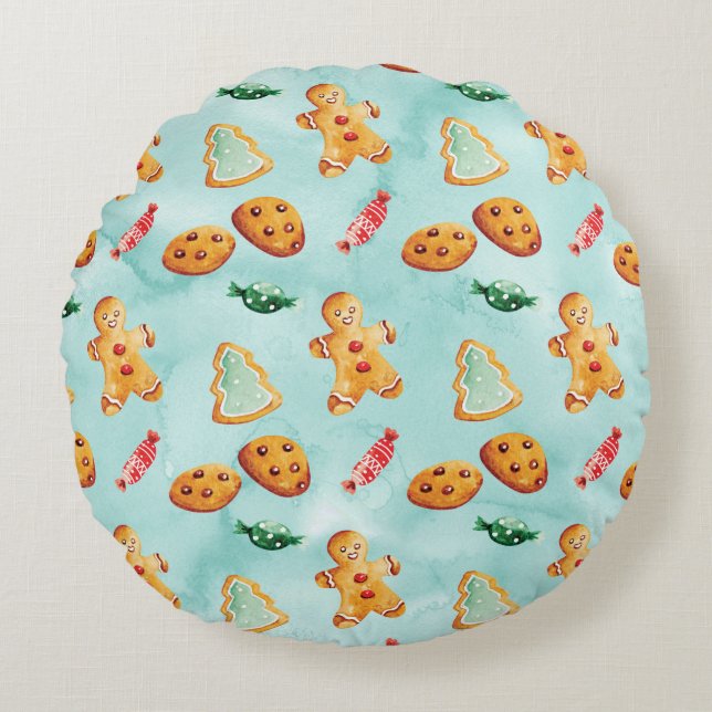 Gingerbread Man Christmas Tree Pattern Round Cushion (Front)