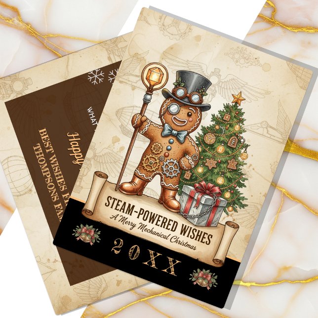 Gingerbread Man Christmas, Vintage, Steampunk Holiday Card (Vintage Christmas Card with Gingerbread Man)