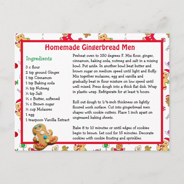 Gingerbread Man Cookie Christmas Recipe Postcard (Front)