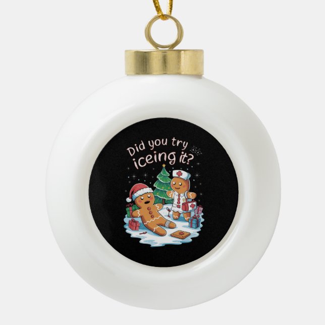 Gingerbread Man Cookie Ugly Sweater Oh Snap Xmas Ceramic Ball Christmas Ornament (Front)