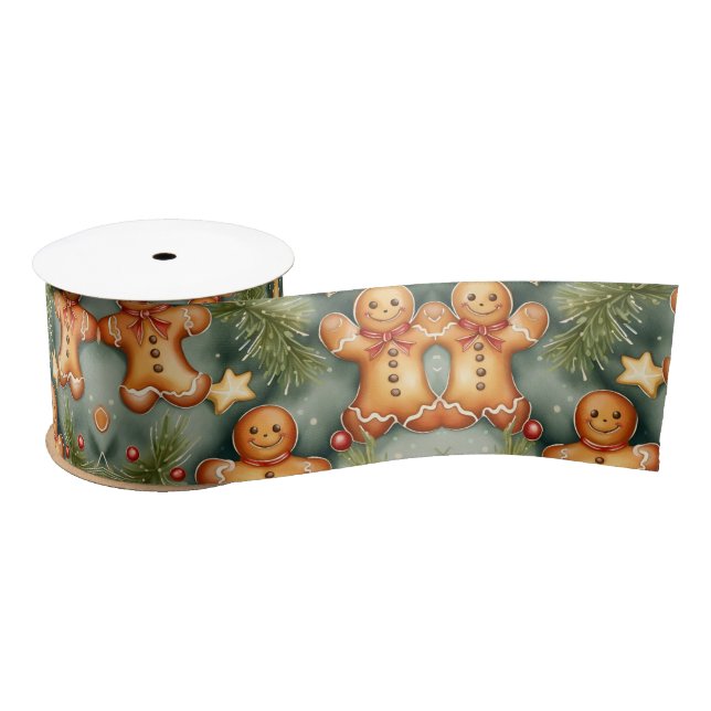 Gingerbread man cookies and stars watercolor art  satin ribbon (Spool)
