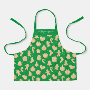 Gingerbread Man Cookies on Green White Dot Pattern Apron