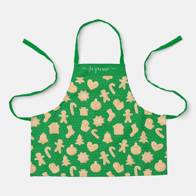 Gingerbread Man Cookies on Green White Dot Pattern Apron (Front)