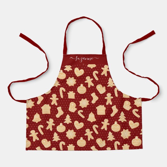Gingerbread Man Cookies on Red White Dots Pattern Apron (Front)