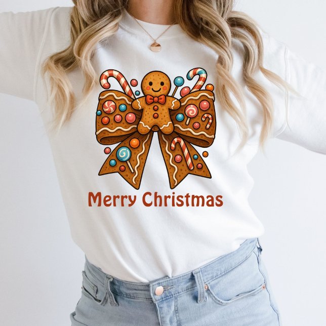 Gingerbread Man Coquette Bow Christmas Holiday Sweatshirt (Gingerbread man Coquette Bow Merry Christmas Happy Holidays Sweatshirt. Gift for her)