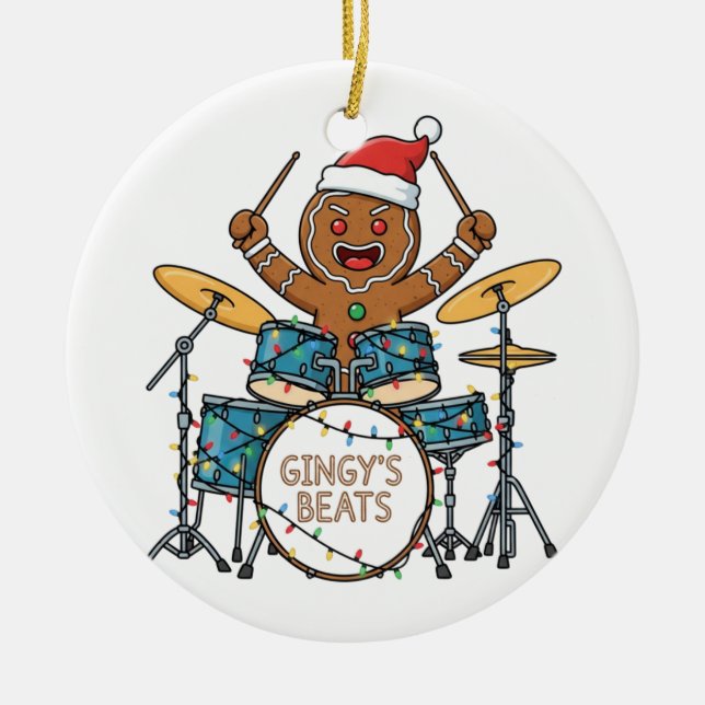 Gingerbread Man Drummer Funny Holiday Rock Xmas Ceramic Tree Decoration (Front)