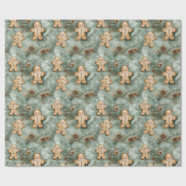 Gingerbread Man Evergreen Wrapping Paper (Flat)