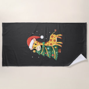 Gingerbread Man Giraffe Santa Hat Christmas Tree T Beach Towel