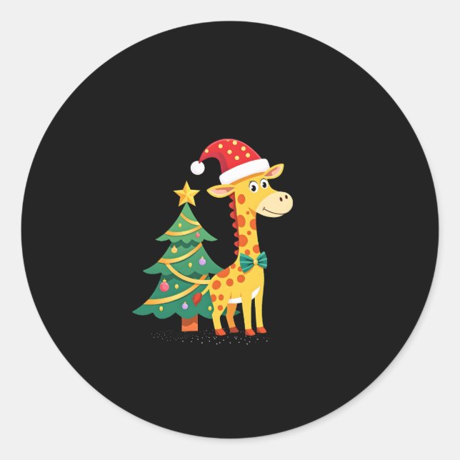 Gingerbread Man Giraffe Santa Hat Christmas Tree T Classic Round Sticker (Front)