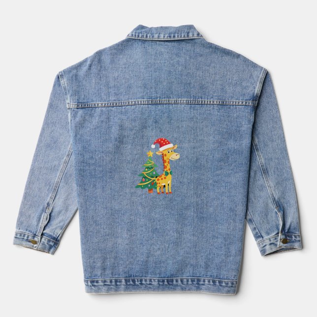 Gingerbread Man Giraffe Santa Hat Christmas Tree T Denim Jacket (Back)