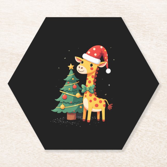 Gingerbread Man Giraffe Santa Hat Christmas Tree T Paper Coaster (Front)