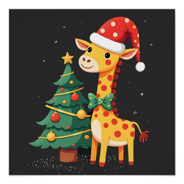 Gingerbread Man Giraffe Santa Hat Christmas Tree T Poster (Front)