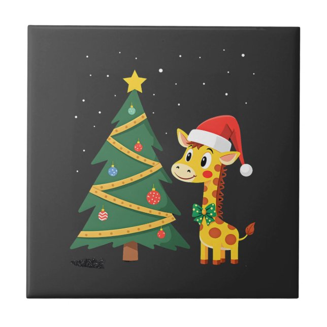 Gingerbread Man Giraffe Santa Hat Christmas Tree T Tile (Front)
