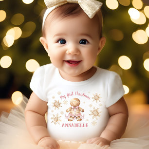Gingerbread Man Girl Pink Beige First Christmas Baby T-Shirt