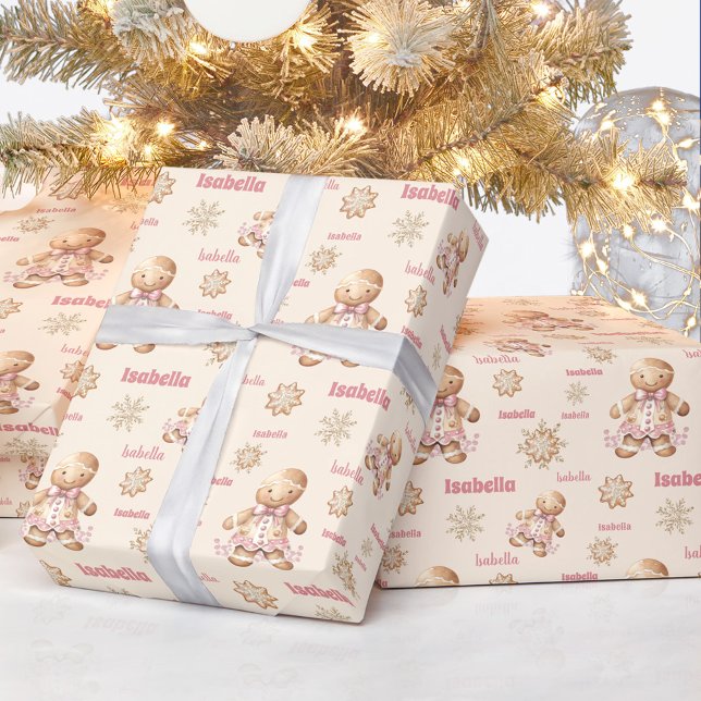 Gingerbread Man Girl Pink Beige Name Christmas Wrapping Paper (Gingerbread Man Girl Pink Beige Name Christmas Wrapping Paper)