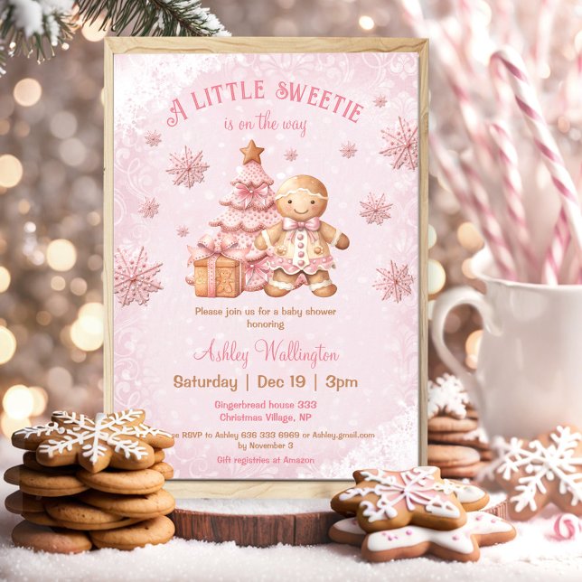 Gingerbread Man Girl Pink Christmas Baby Shower Invitation (Gingerbread Man Girl Pink Christmas Baby Shower Invitation)