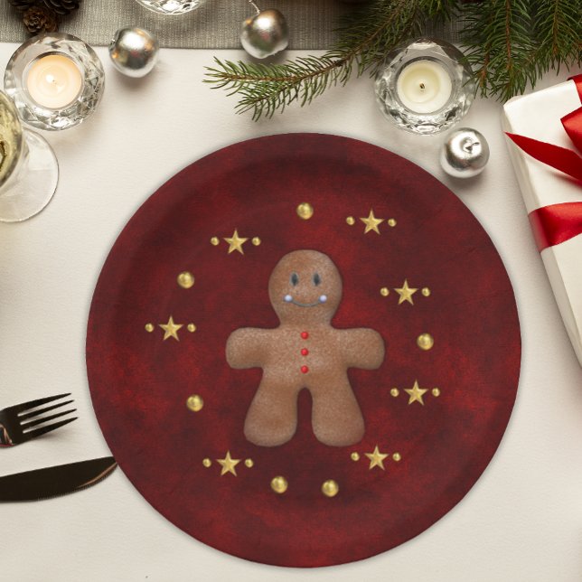 Gingerbread Man Gold Christmas Decorations Paper Plate (Creator Uploaded)