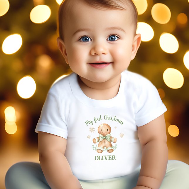 Gingerbread Man Green Beige Name First Christmas Baby T-Shirt (Gingerbread Man Green Beige Name First Christmas Baby T-Shirt)