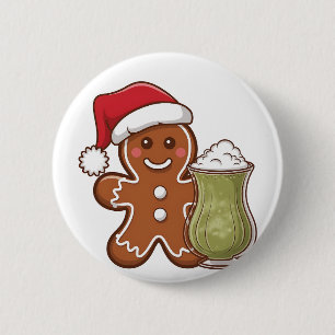Gingerbread Man Holding Matcha Drink Christmas 6 Cm Round Badge