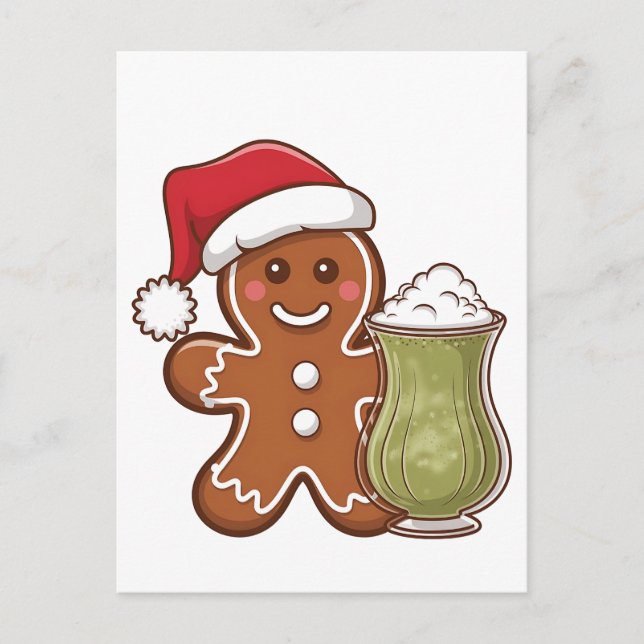 Gingerbread Man Holding Matcha Drink Christmas  Announcement Postcard (Front)