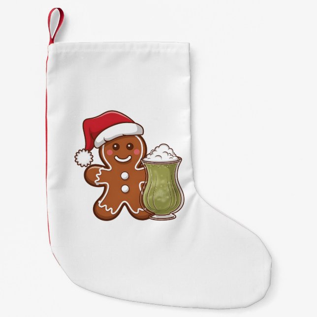 Gingerbread Man Holding Matcha Drink Christmas  Small Christmas Stocking (Front)