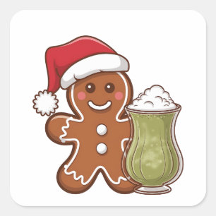 Gingerbread Man Holding Matcha Drink Christmas  Square Sticker