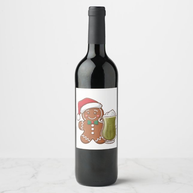 Gingerbread Man Holding Matcha Drink Christmas Wine Label (Front)