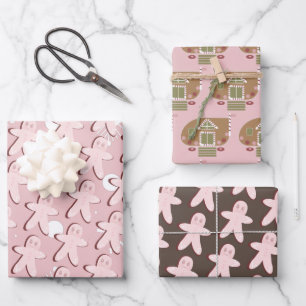 Gingerbread Man House Christmas Snowflakes Pink Wrapping Paper Sheet