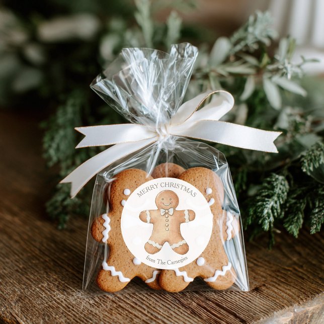 Gingerbread Man Merry Christmas Classic Round Sticker (Gingerbread man circle Christmas label)