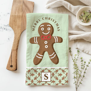 Gingerbread Man Mint Monogram Merry Christmas Tea Towel